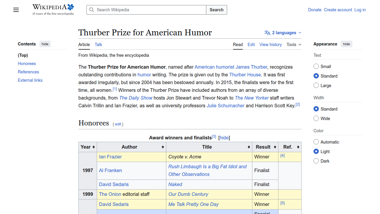 A screenshot of the Wikipedia page for the 'Thurber Prize for American Humor,' providing context for a prestigious award recognizing top humor writing.