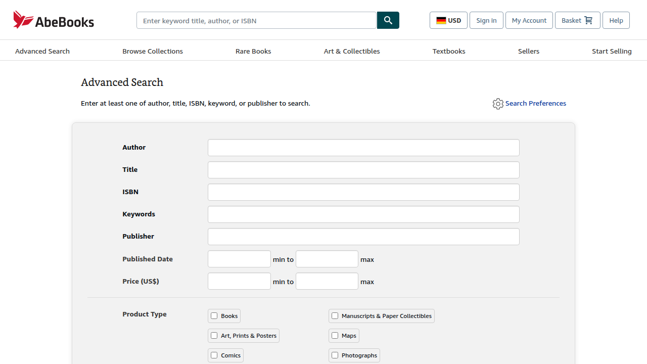 The AbeBooks Advanced Search page provides powerful filters to narrow down book results by various criteria, including keywords, condition, and price.