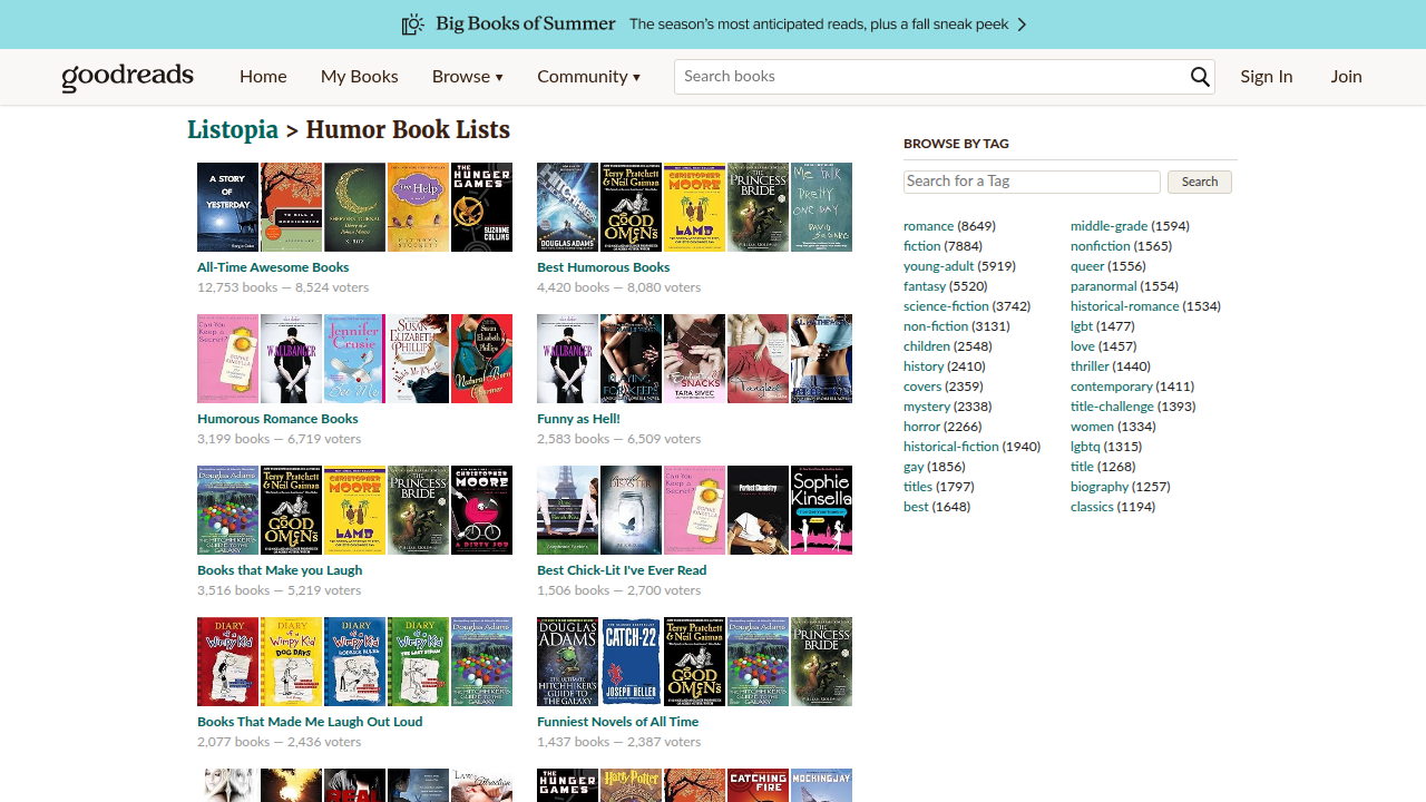 Goodreads offers extensive lists of humor books, categorized by subgenre and highly rated by readers, perfect for finding new titles.