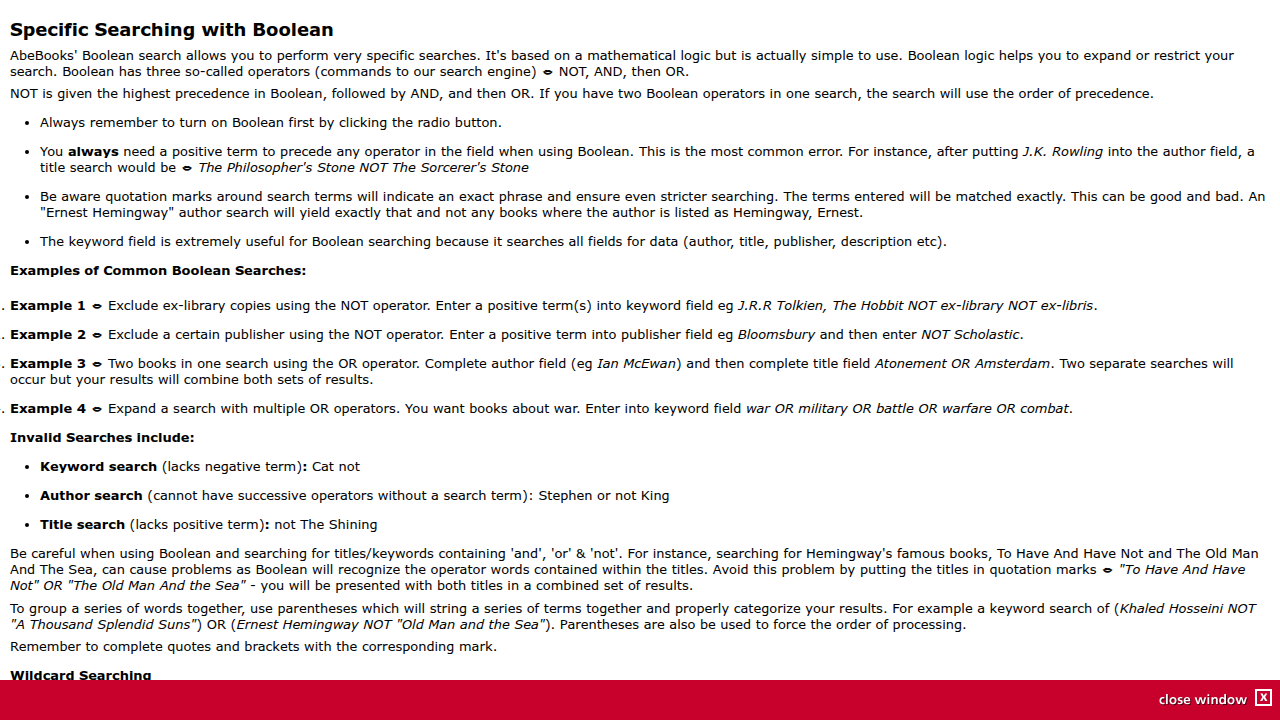 The AbeBooks Boolean search guide provides instructions on using operators like 'AND' to find rare and signed humor books efficiently.