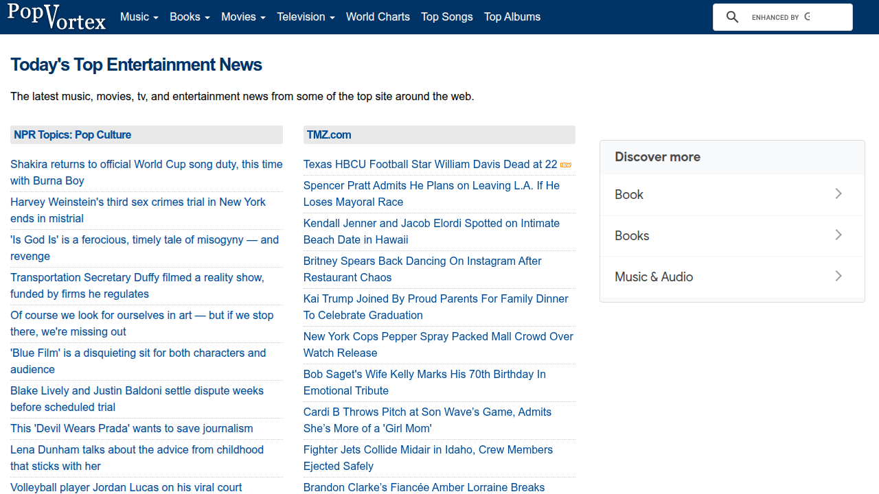 PopVortex tracks music, movies, and book charts, including popular romantic comedy titles.