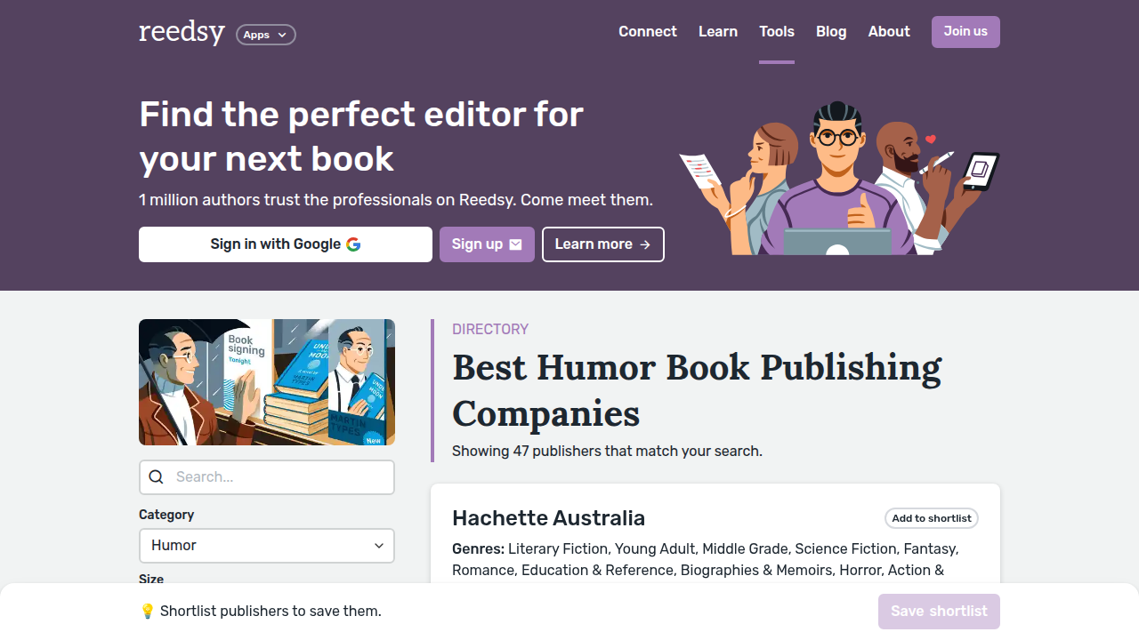 A screenshot of Reedsy's directory page for humor book publishers, showing a list of vetted publishers specializing in comedy.