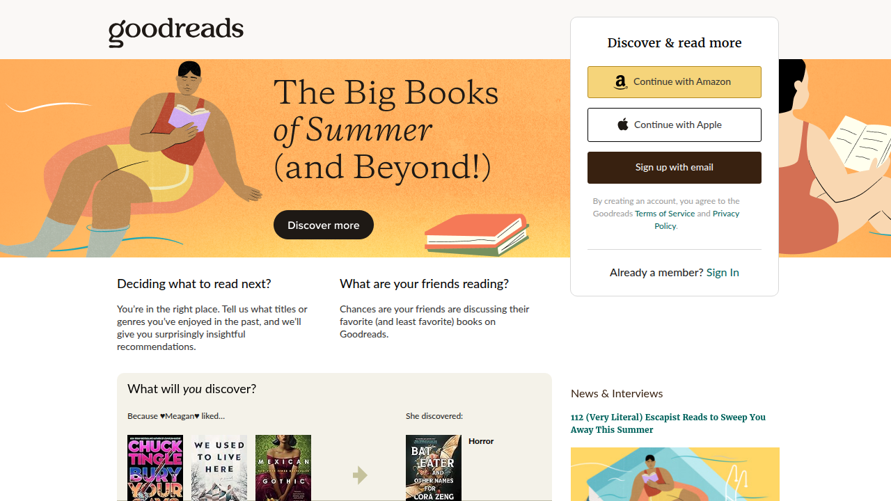 A screenshot of the Goodreads homepage, an essential platform for discovering and validating book choices through community reviews and ratings.