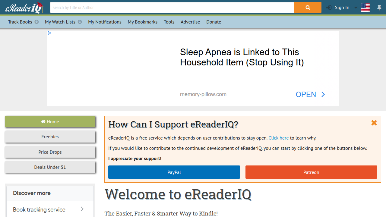 A screenshot of the eReaderIQ website, a third-party tool used to track price drops for digital books, helping readers find deals.