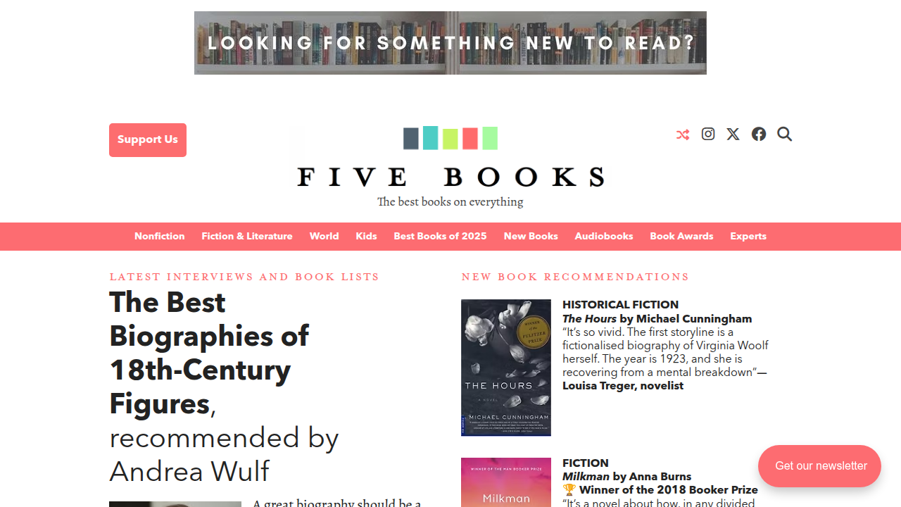 Five Books features expert-curated lists on various topics, including humorous fiction, providing trusted recommendations.