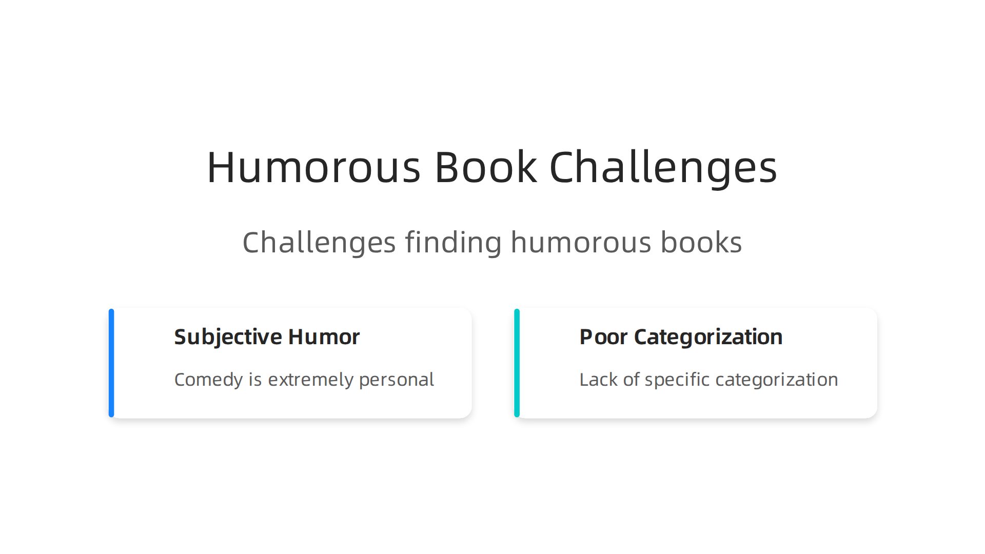 An infographic illustrating the common challenges readers face when trying to find genuinely humorous books, such as subjective humor and lack of specific categorization.
