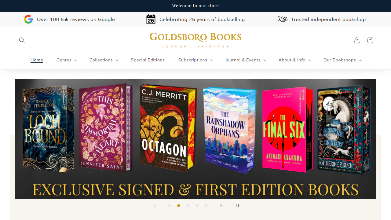 The homepage of Goldsboro Books, a London-based retailer renowned for its curated selection of fiction, including humorous titles.