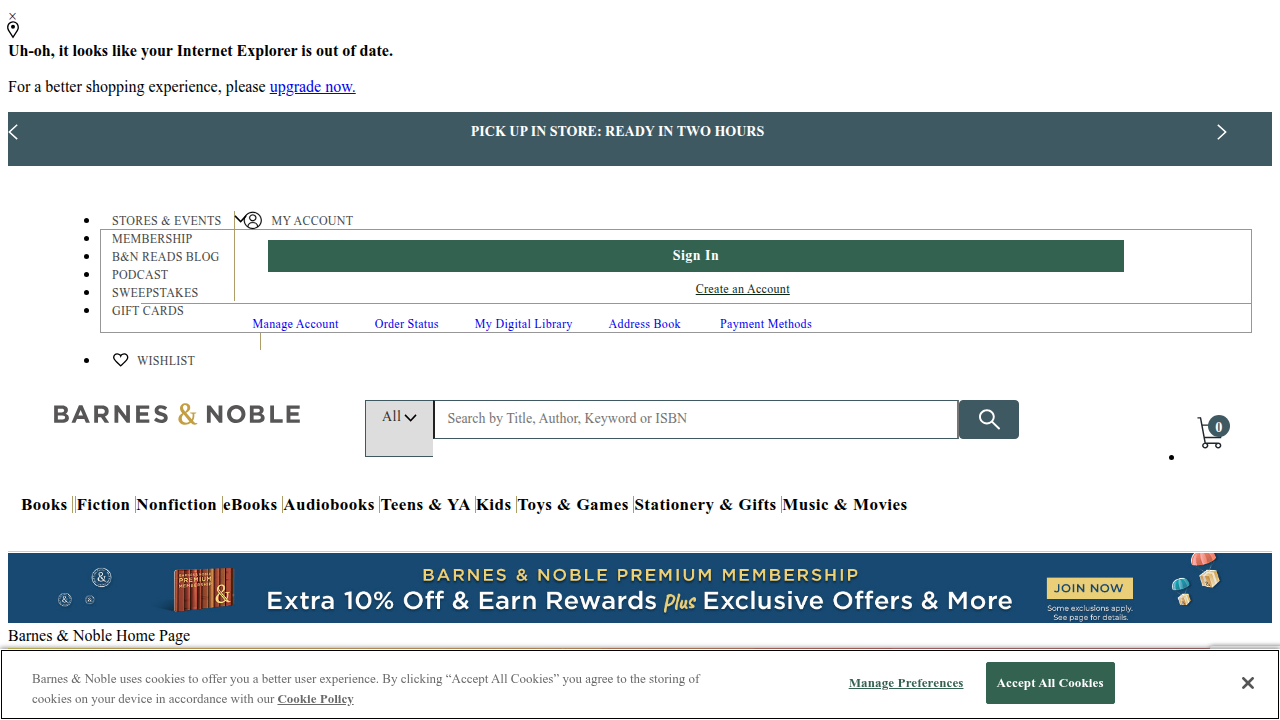 The Barnes & Noble homepage, representing a large chain bookstore where finding specific types of humor can be challenging due to vast selection.