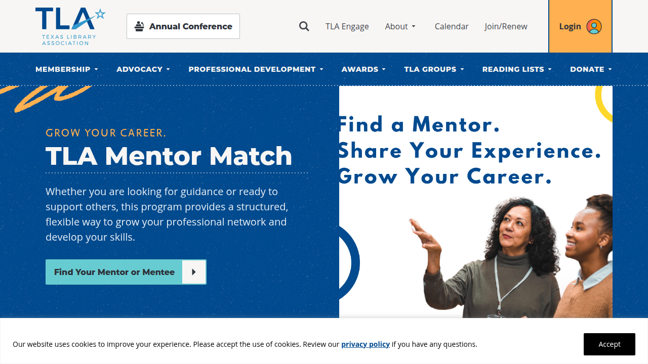 The Texas Library Association (TLA) homepage, which hosts curated reading lists like the Texas Topaz, emphasizing the value of expert guidance in book discovery.