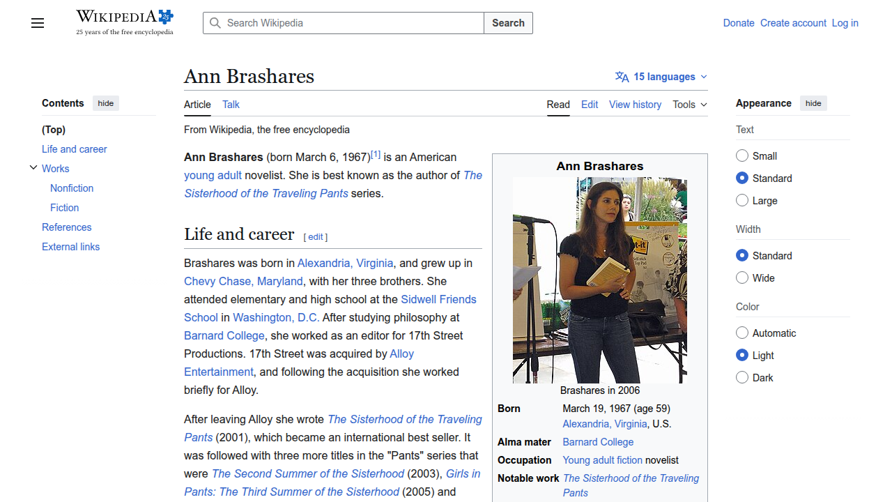 Explore Ann Brashares' profile on Wikipedia for an overview of her acclaimed career.