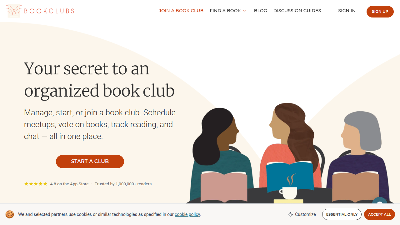 Screenshot of the Bookclubs discussion-guide page referenced as a resource for group conversations about pacing and themes.