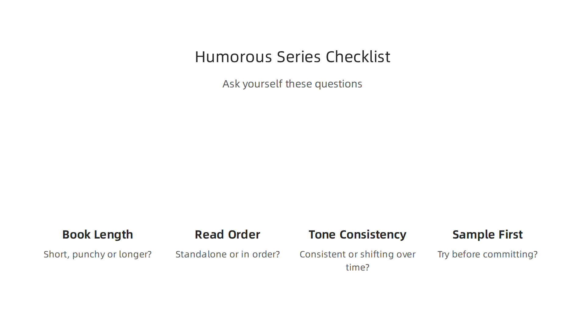 A practical checklist of questions to consider when choosing your next humorous book series, ensuring a delightful reading experience.