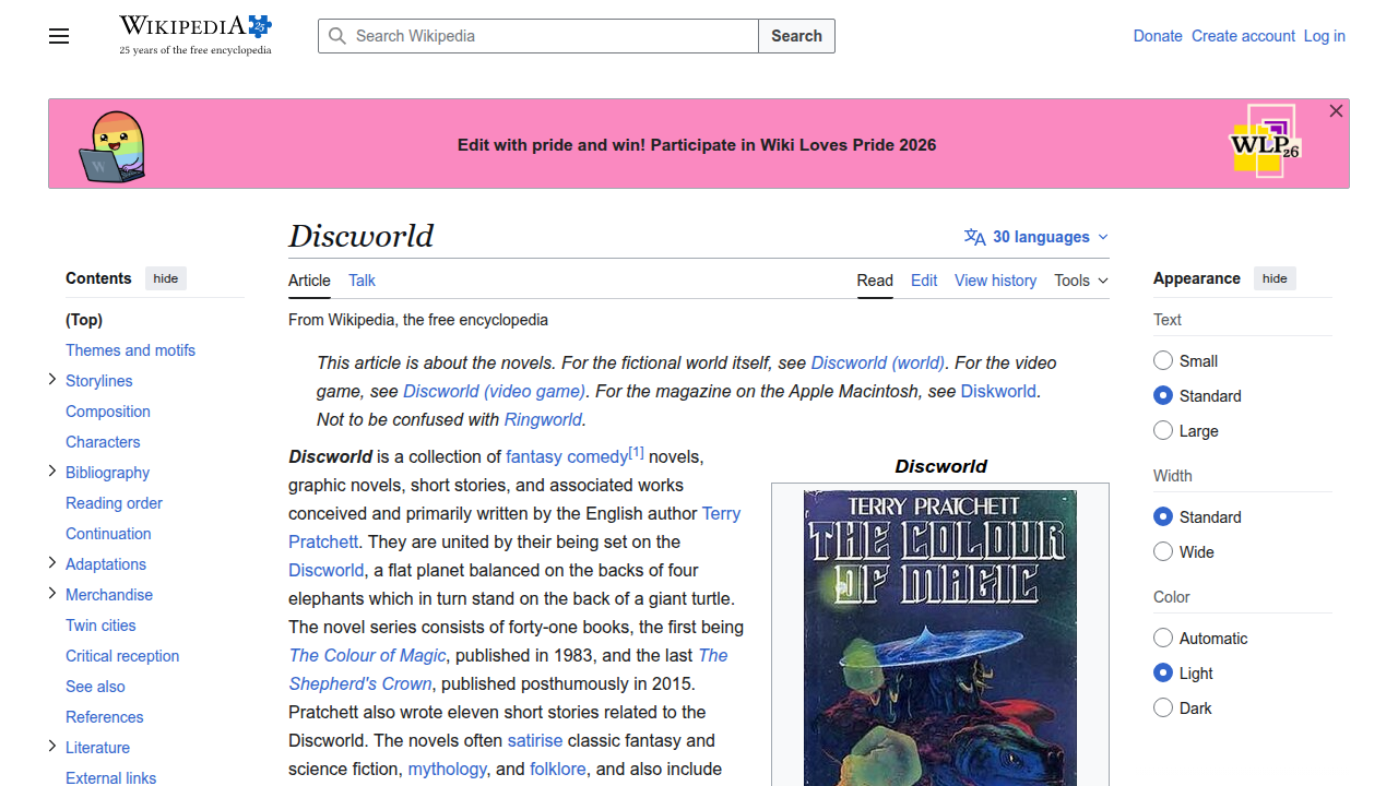 Explore the vast universe of Terry Pratchett's Discworld through its dedicated Wikipedia page, detailing the series' history and impact.