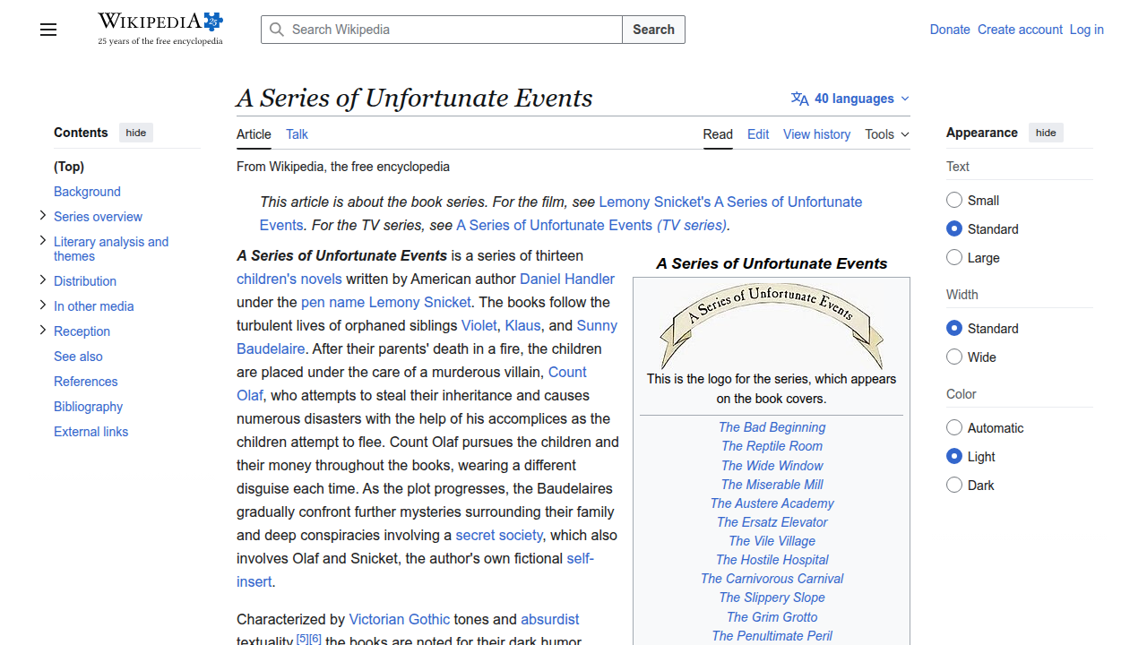 Dive into the world of Lemony Snicket's 'A Series of Unfortunate Events' by exploring its comprehensive Wikipedia page.