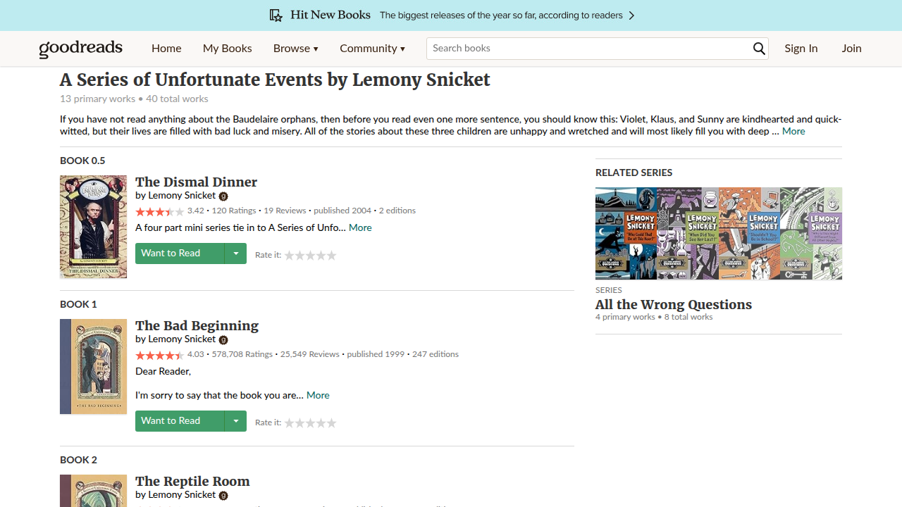 Discover various editions and reader reviews for 'A Series of Unfortunate Events' on Goodreads.