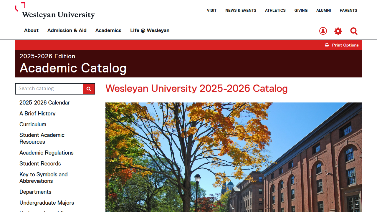 The Wesleyan University catalog showcases academic programs, including English studies, emphasizing careful reading.