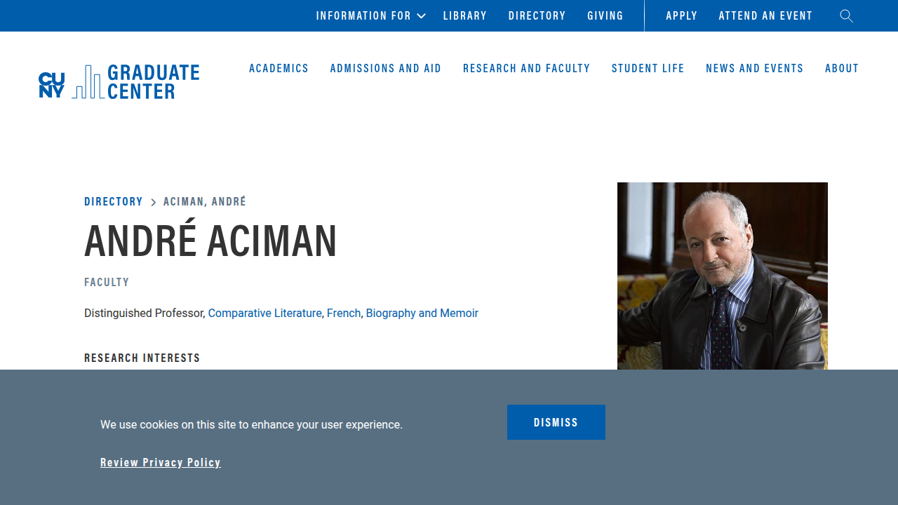 André Aciman's profile page on the CUNY Graduate Center website, highlighting his academic role.