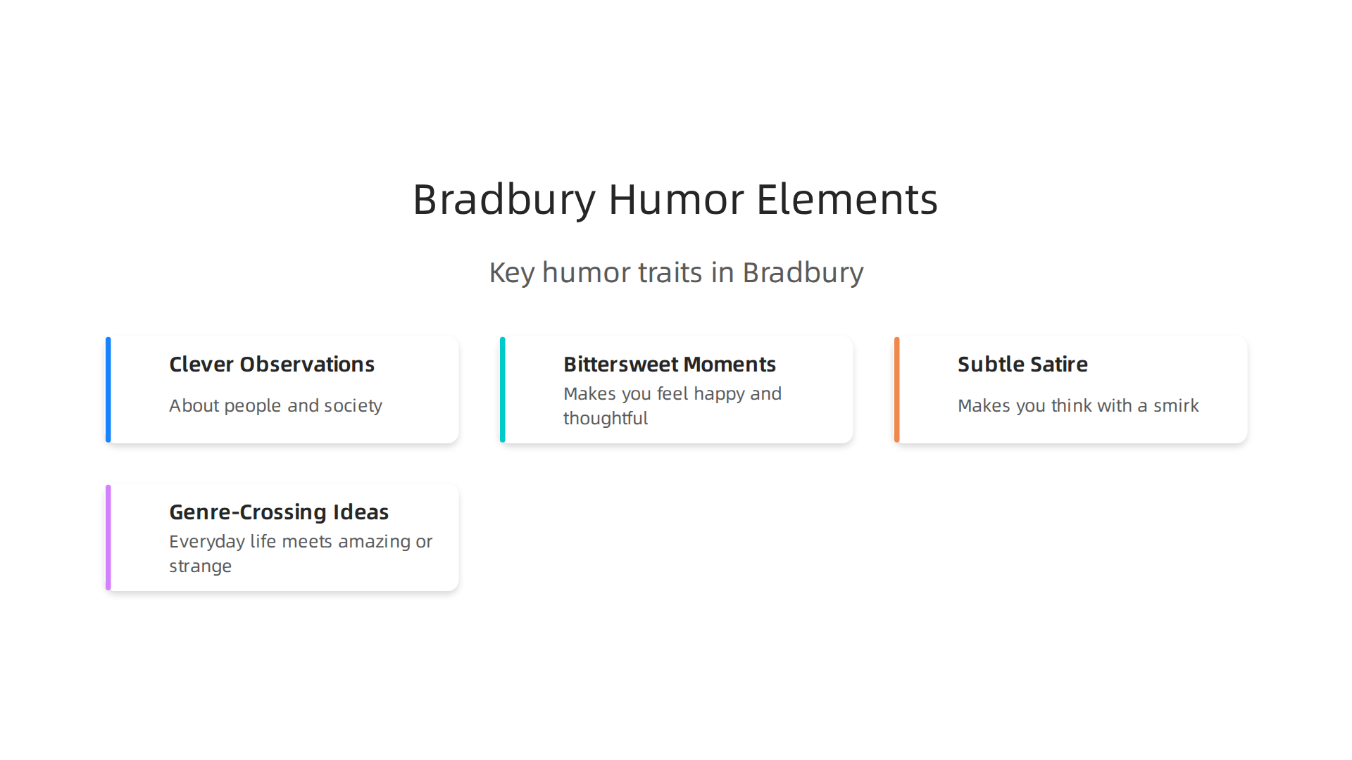 Key elements of humor found in Ray Bradbury's diverse works.